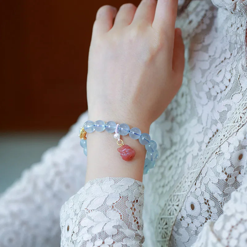 Bracelet Aigue Marine "Charme Renardeau" Argent Doré Or