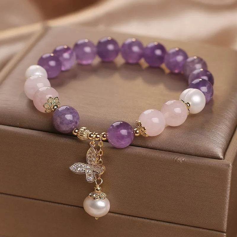 Bracelet Améthyste Quartz Rose et Perle "Papillon d'Amour"