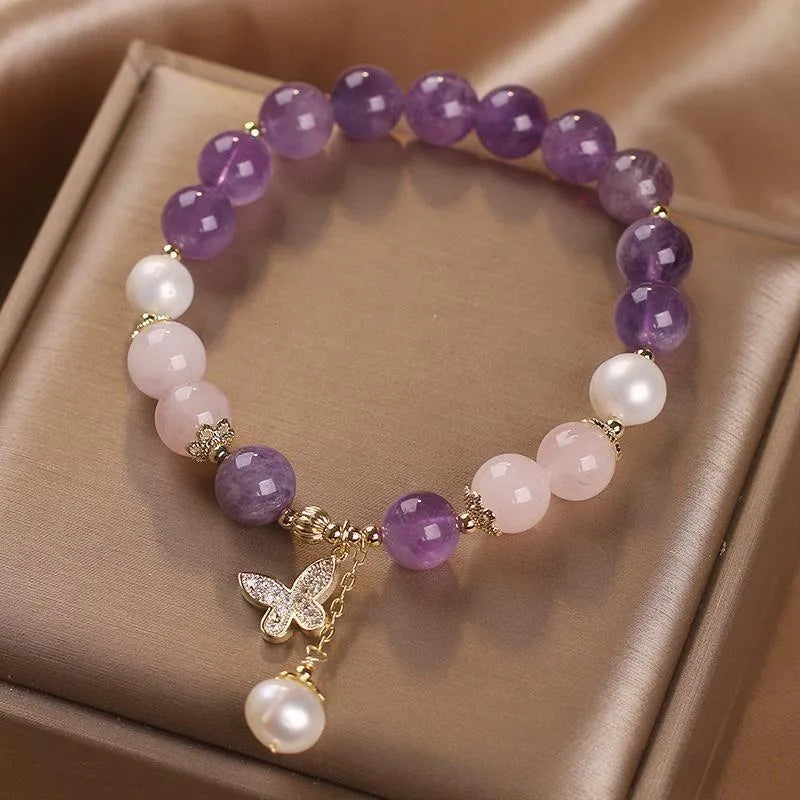 Bracelet Améthyste Quartz Rose et Perle "Papillon d'Amour"