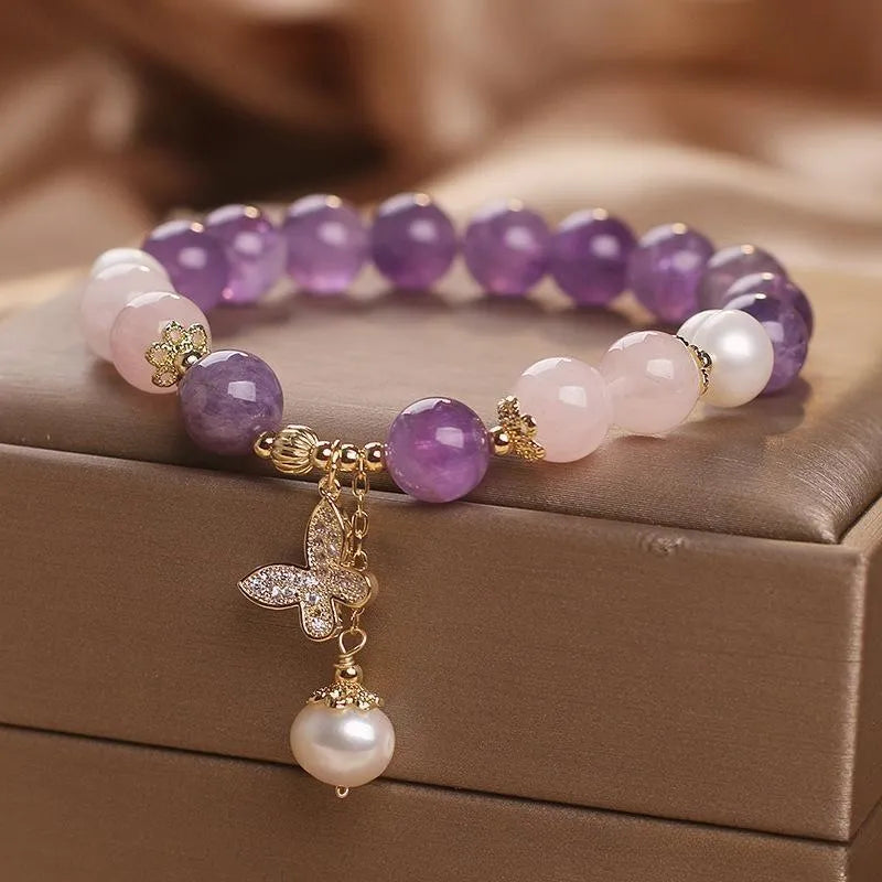 Bracelet Améthyste Quartz Rose et Perle "Papillon d'Amour"