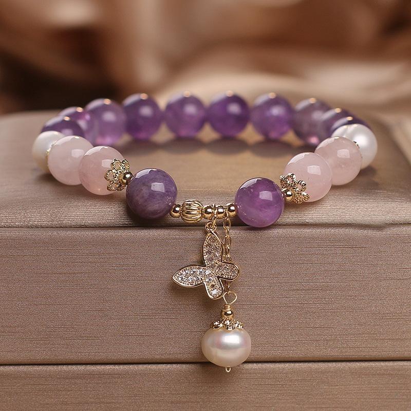 Bracelet Améthyste Quartz Rose et Perle "Papillon d'Amour"