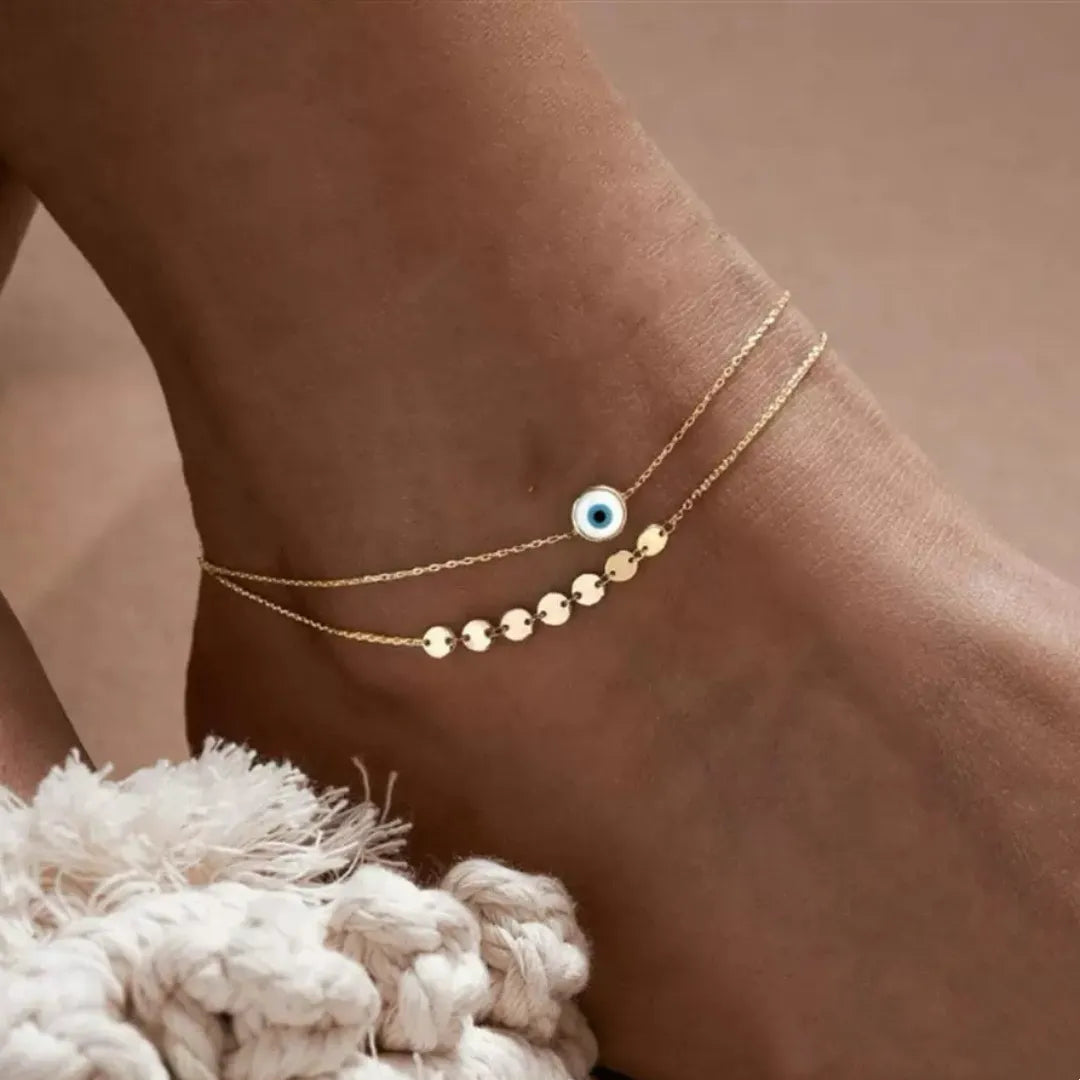 Bracelet de cheville double chaîne en argent avec pendentif œil du destin et petites paillettes rondes