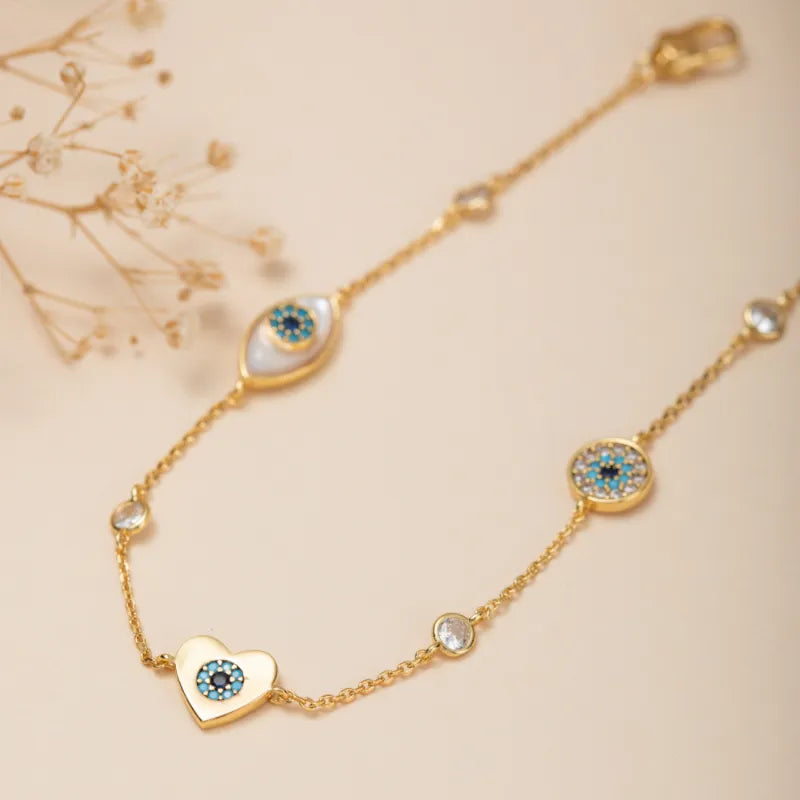 Ankle Bracelet Evil Eye "Protective Heart" Gold