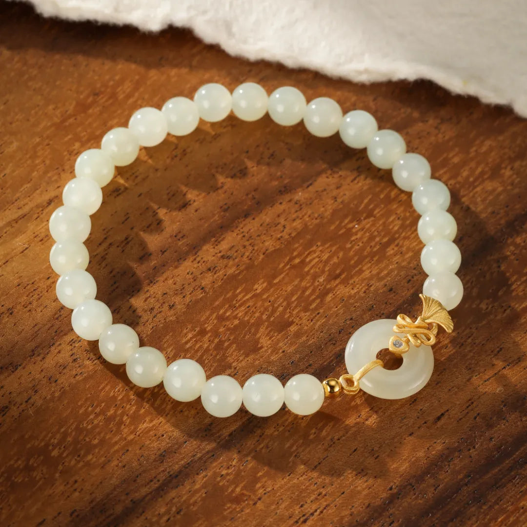 Ginkgo White Jade Bracelet "Dance of Eternity" Gold-Plated Silver