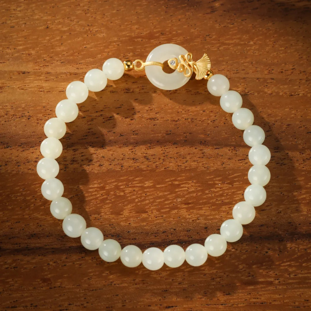 Ginkgo White Jade Bracelet "Dance of Eternity" Gold-Plated Silver
