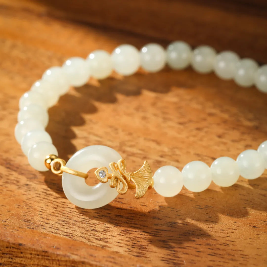 Ginkgo White Jade Bracelet "Dance of Eternity" Gold-Plated Silver