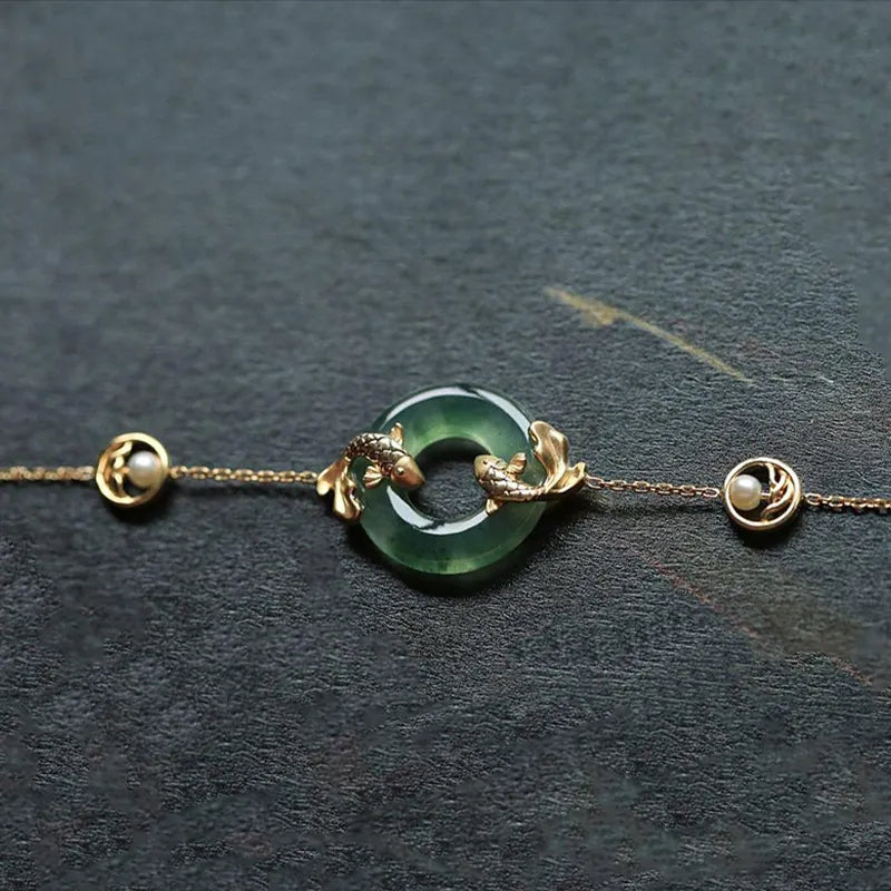 Bracelet Jade Carpe Koi "Beauté Marine" Doré Or