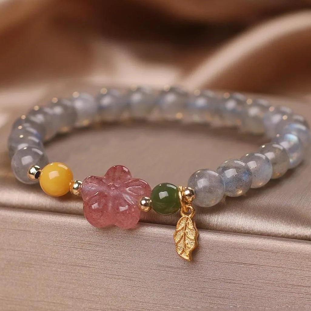 Bracelet Labradorite et Quartz Fraise "Fleur de Galaxie"
