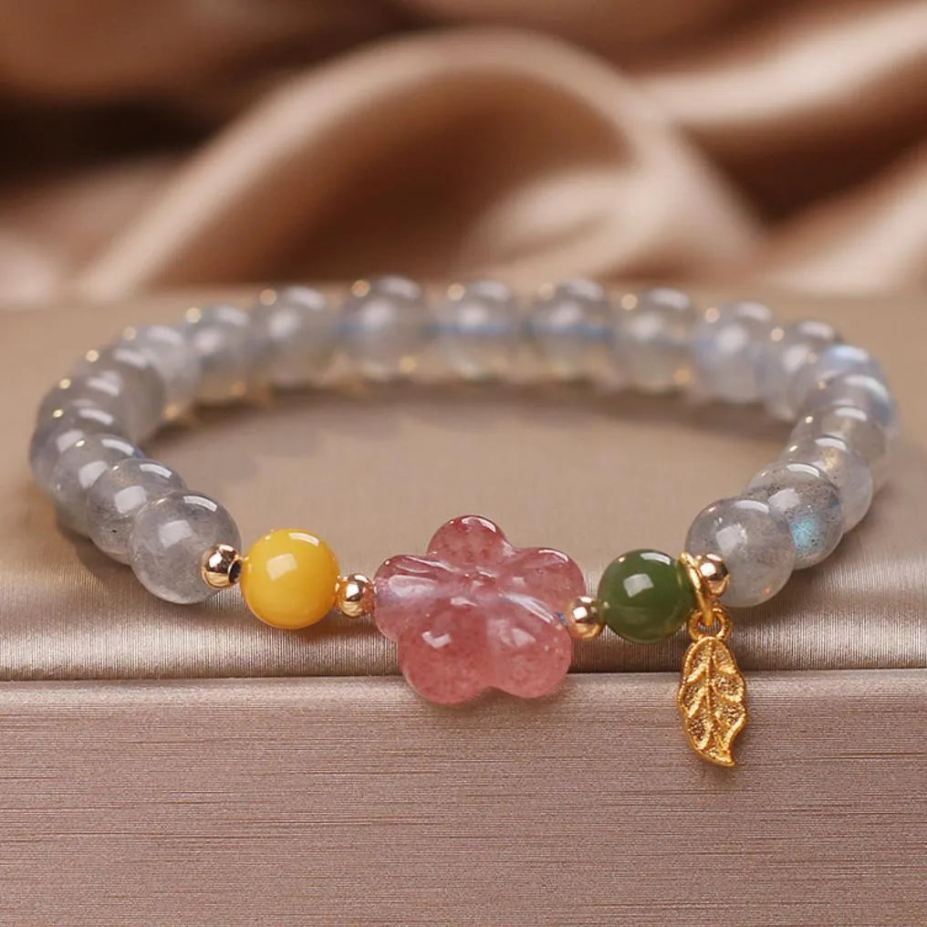 Bracelet Labradorite et Quartz Fraise "Fleur de Galaxie"