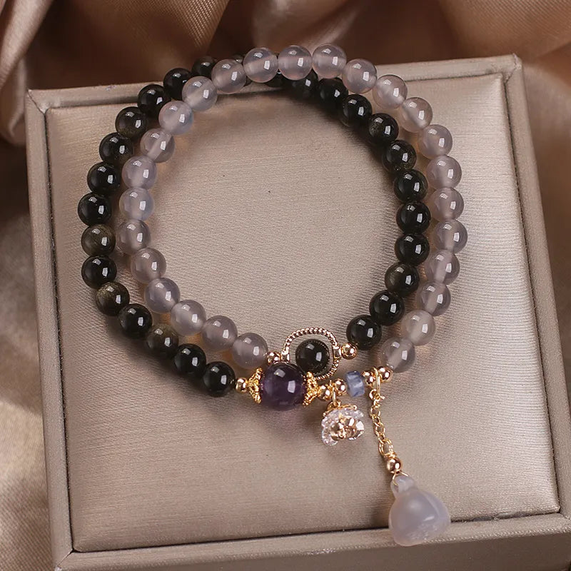 Bracelet Lotus Agate et Obsidienne "Beauté Éthérée"