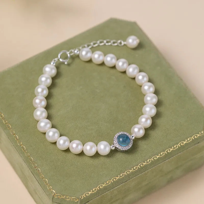 Aquamarine Pearl Bracelet "Oceanic Elegance" Silver