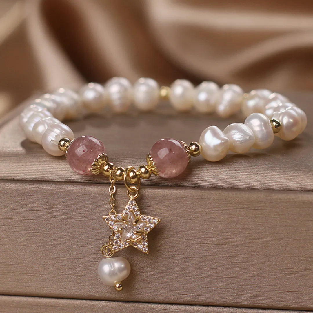 Bracelet Perles et Quartz Fraise "Charme Étoile"