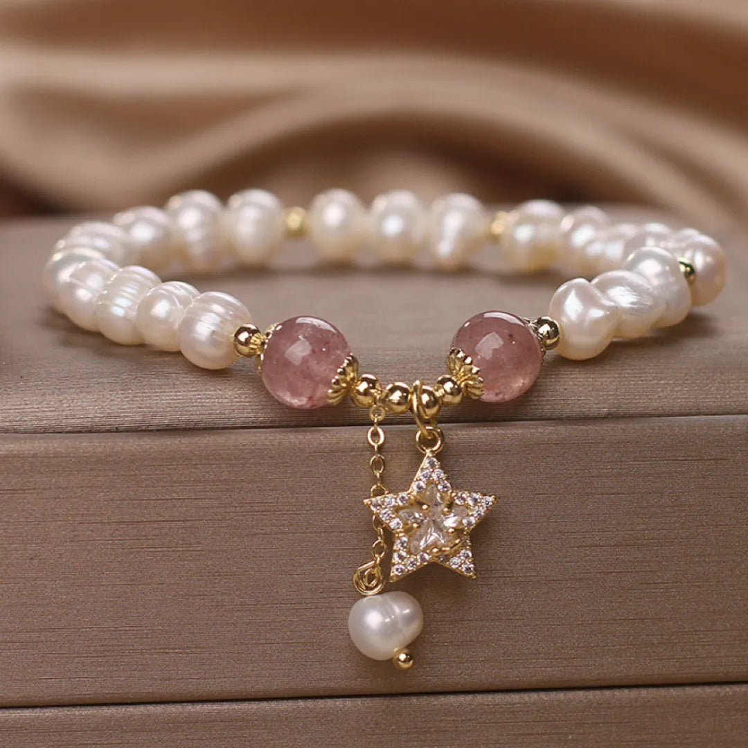 Pearl and Strawberry Quartz Bracelet "Star Charm"
