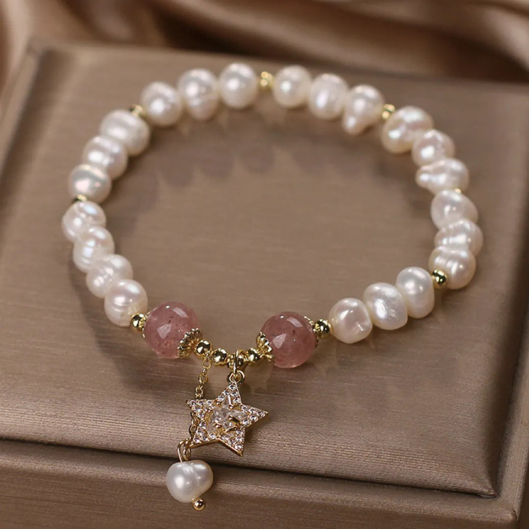 Pearl and Strawberry Quartz Bracelet "Star Charm"