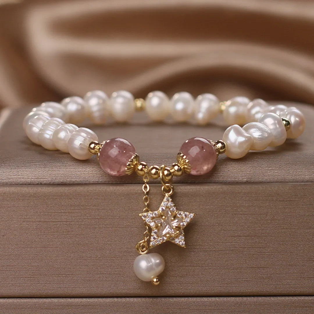 Bracelet Perles et Quartz Fraise "Charme Étoile"