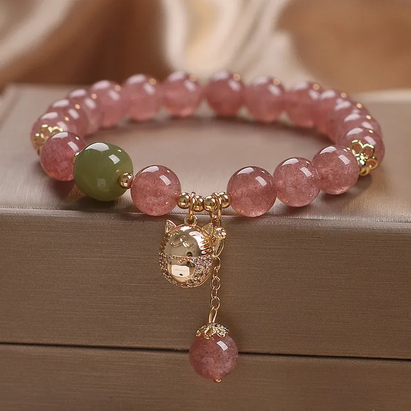 Strawberry Quartz Bracelet – Maneki-neko, Gold Plated Silver