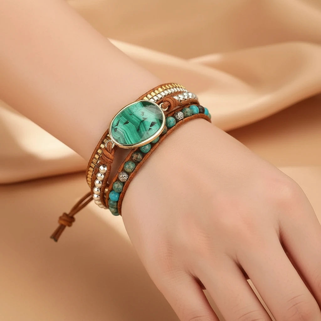 Bracelet enveloppant en malachite verte avec perles bleues et argentées sur un poignet, nom du produit "Profondeur Verte"