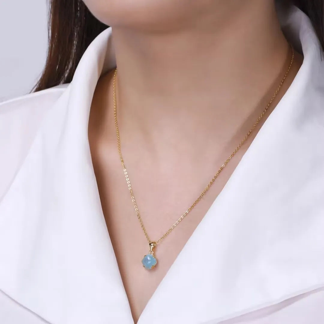 Collier Aigue Marine "Vagues de Sérénité" Argent Doré Or 14K