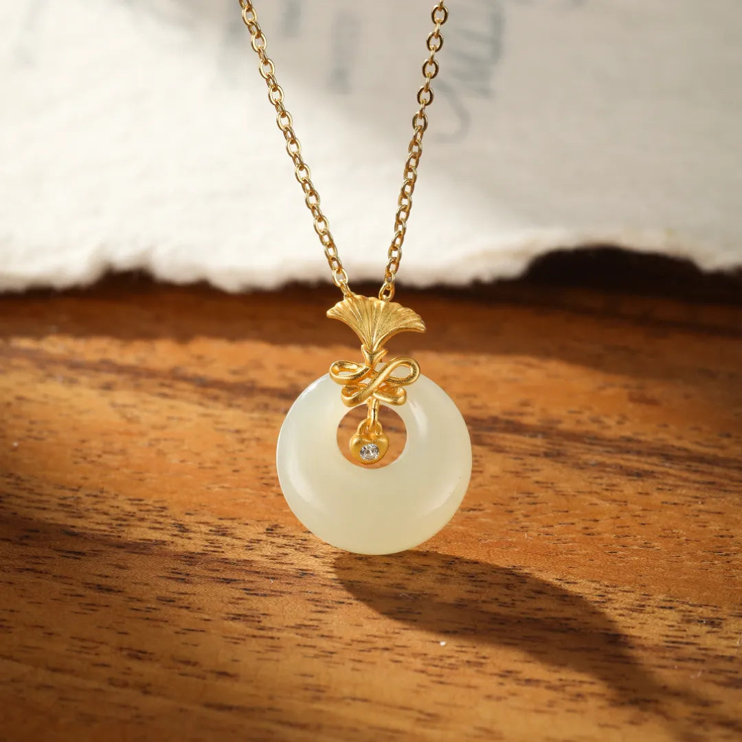 Ginkgo White Jade Necklace "Dance of Eternity" Gold-Plated Silver