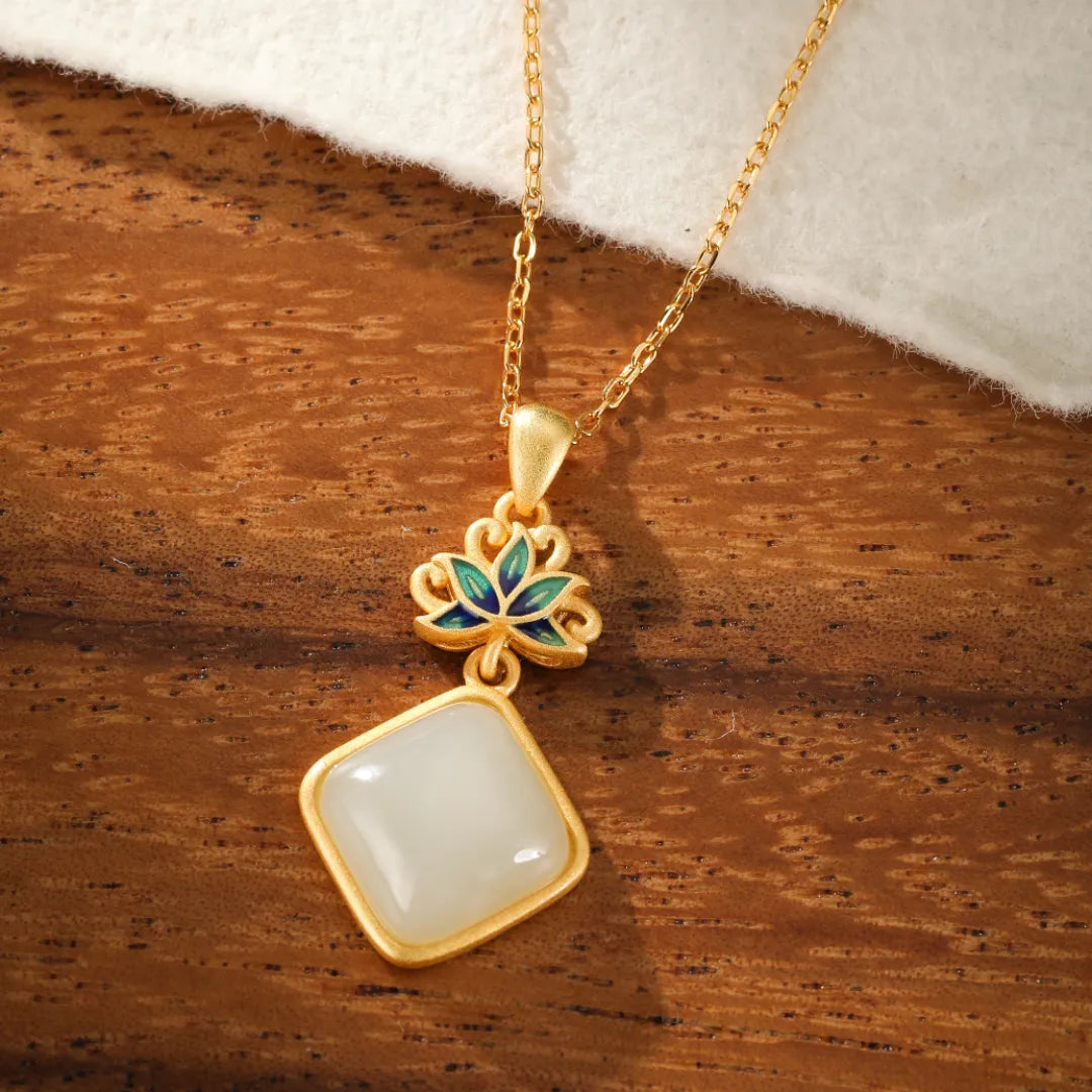 White Jade Necklace "Celestial Lotus" Gold-Plated Silver