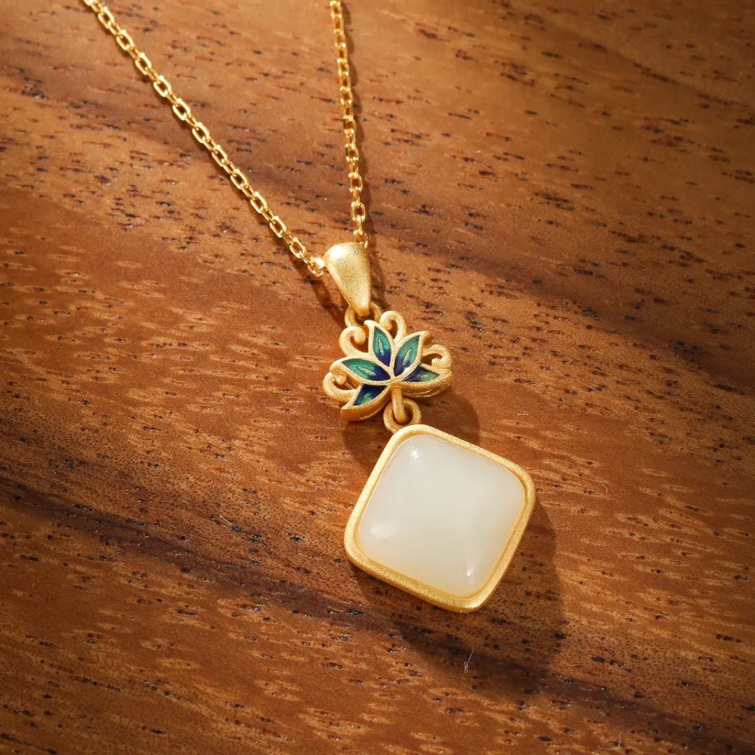 White Jade Necklace "Celestial Lotus" Gold-Plated Silver