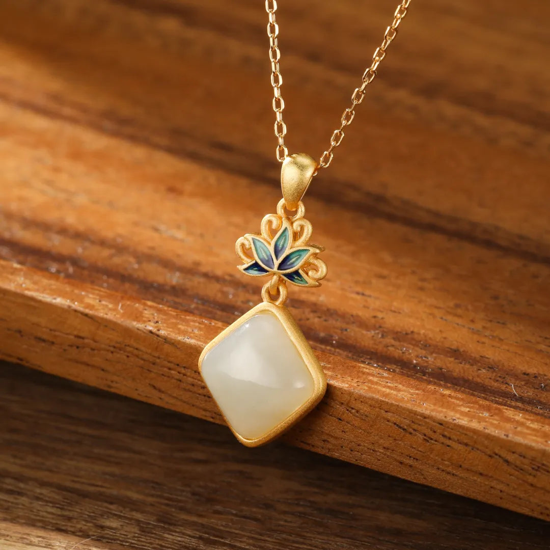 White Jade Necklace "Celestial Lotus" Gold-Plated Silver