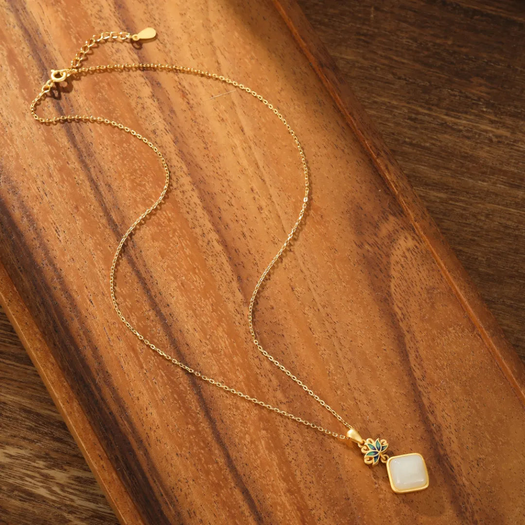 White Jade Necklace "Celestial Lotus" Gold-Plated Silver