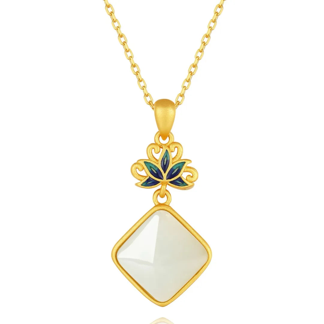 White Jade Necklace "Celestial Lotus" Gold-Plated Silver