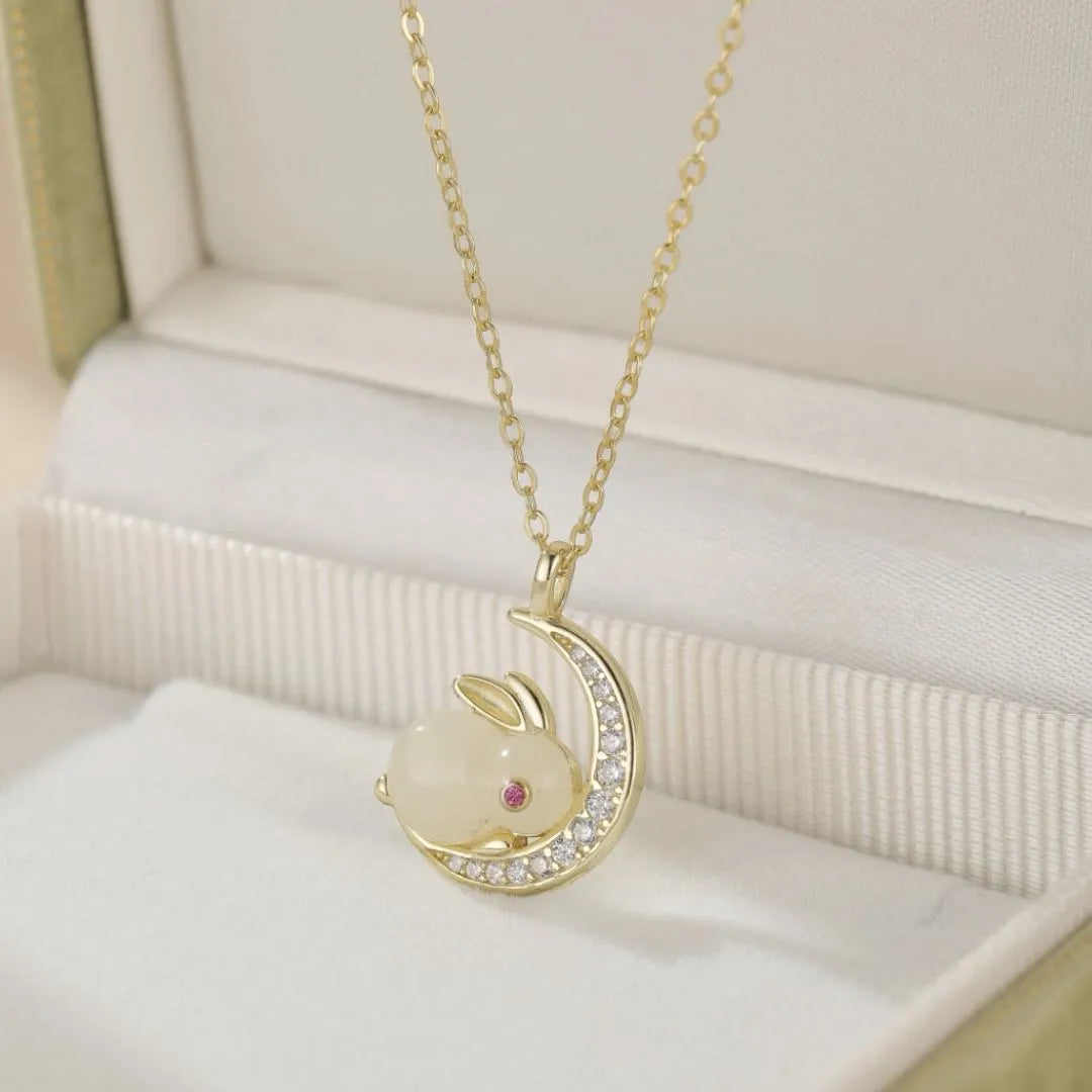 Lunar Rabbit Jade Necklace Gold-Plated Silver