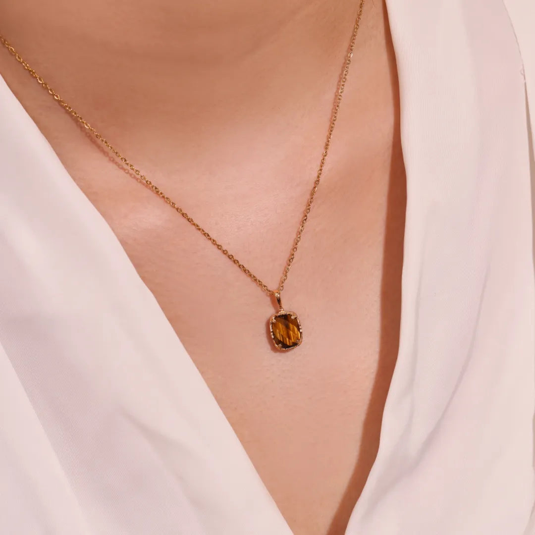 Collier Œil de Tigre et Quartz Rose "Soleil Charmant" Argent Doré Or