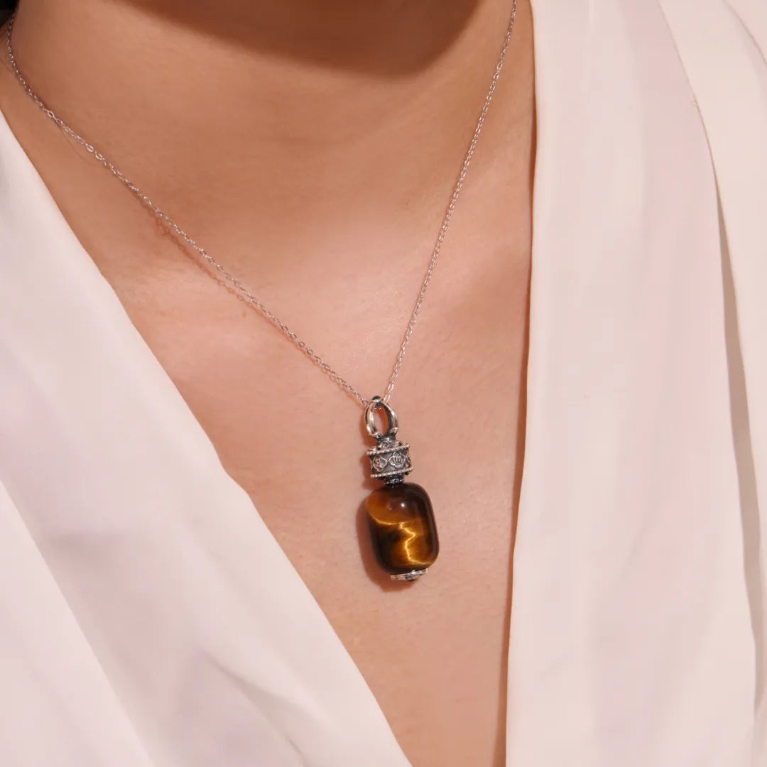 Collier Œil de Tigre Six Mantras "Miracle Protecteur" Argent