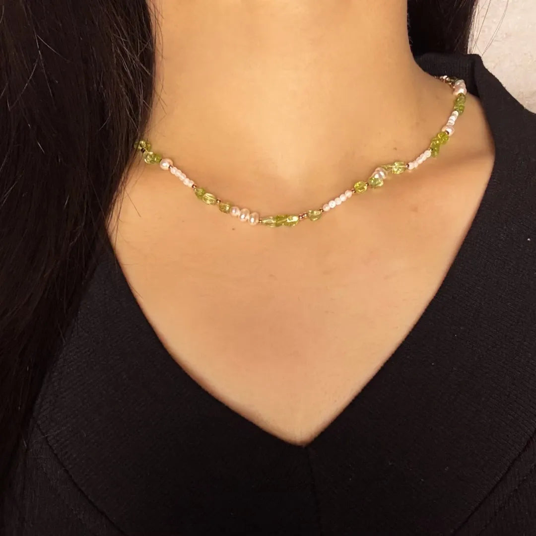 Peridot Necklace, Pearl and Mother-of-Pearl "Solar Elegance" Gold-Plated Silver