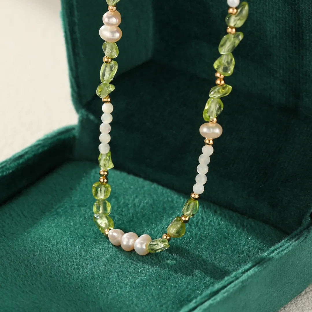 Peridot Necklace, Pearl and Mother-of-Pearl "Solar Elegance" Gold-Plated Silver
