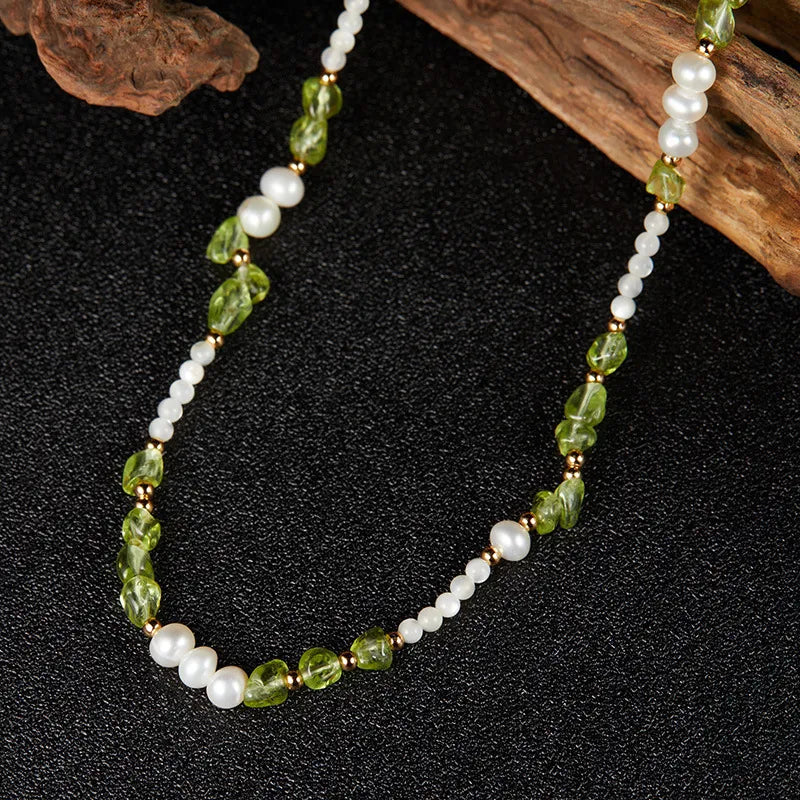 Peridot Necklace, Pearl and Mother-of-Pearl "Solar Elegance" Gold-Plated Silver