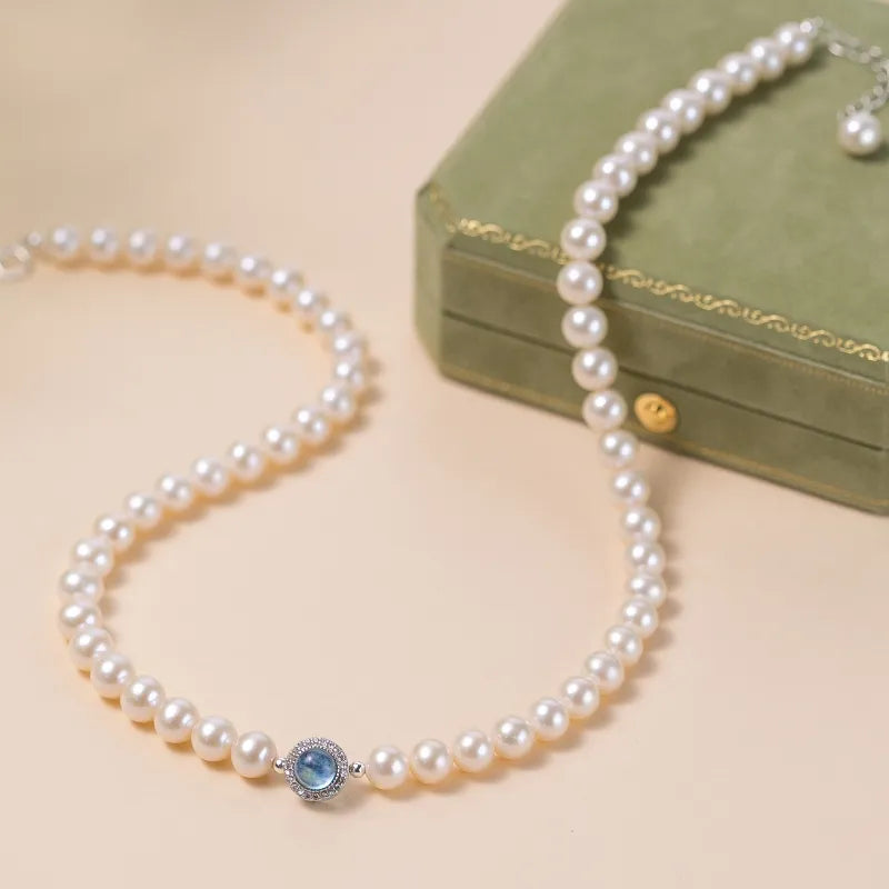 Oceanic Elegance Aquamarine Pearl Necklace Silver