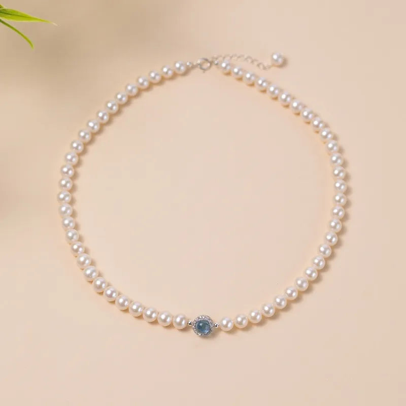 Oceanic Elegance Aquamarine Pearl Necklace Silver