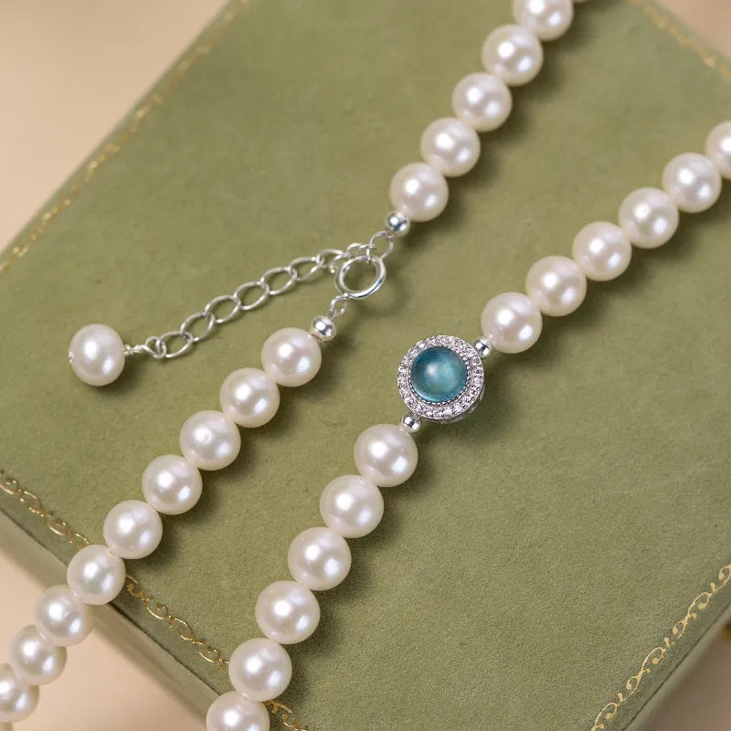 Oceanic Elegance Aquamarine Pearl Necklace Silver