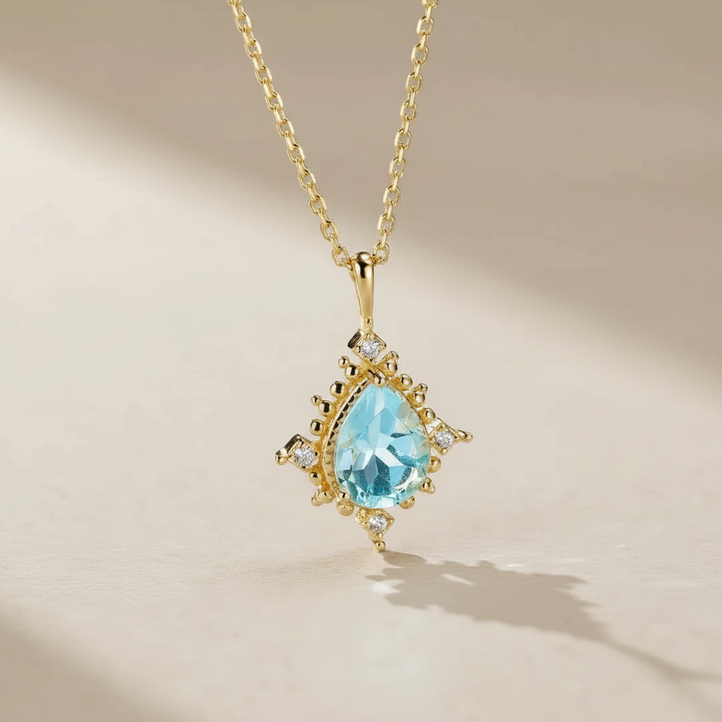 Collier en argent 925 avec une topaze bleue en forme de goutte d'eau et des diamants incrustés, le pendentif est orné de détails dorés et d'une chaîne fine.