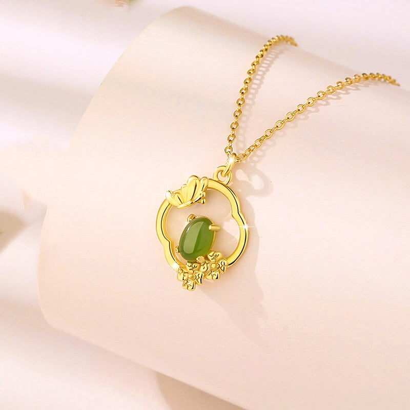 Collier Trèfle Jade "Floraison Charmante" Argent Doré Or