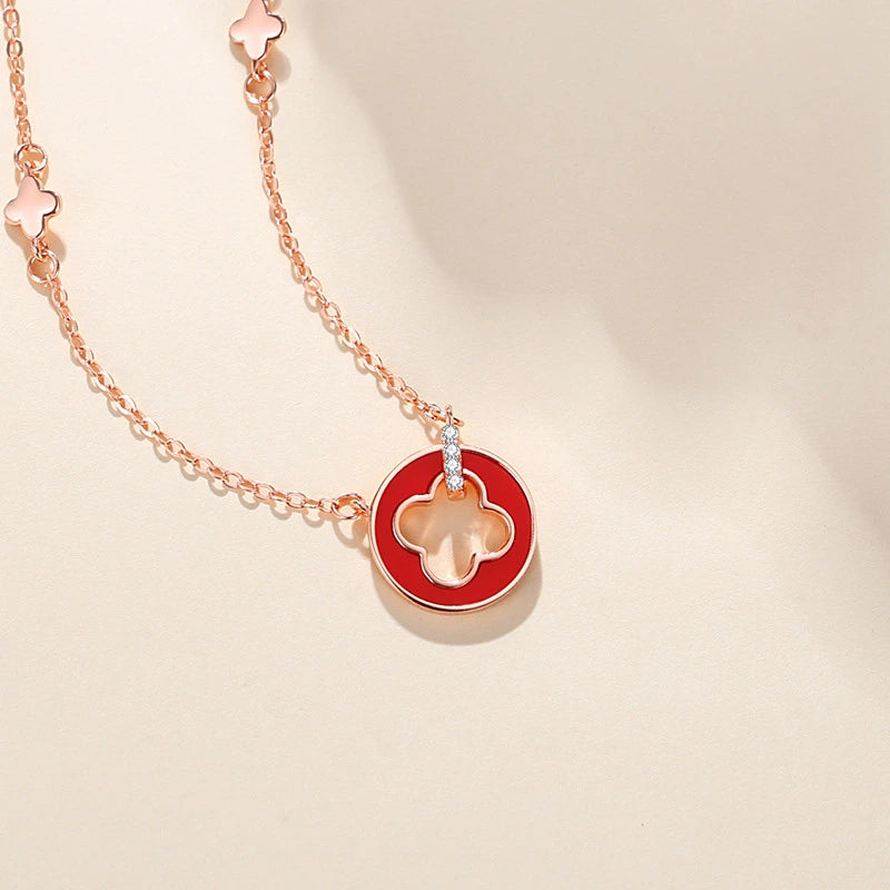 Collier Trèfle "Rouge Fortune" Argent Or Rose
