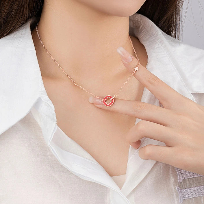 Collier Trèfle "Rouge Fortune" Argent Or Rose