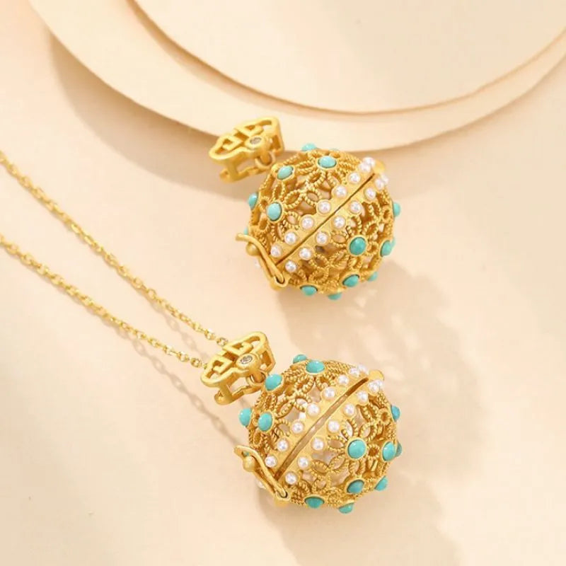 Collier Turquoise "Sphère Florale" Argent Doré Or