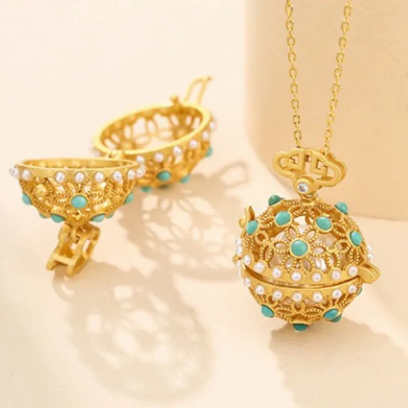 Collier Turquoise "Sphère Florale" Argent Doré Or