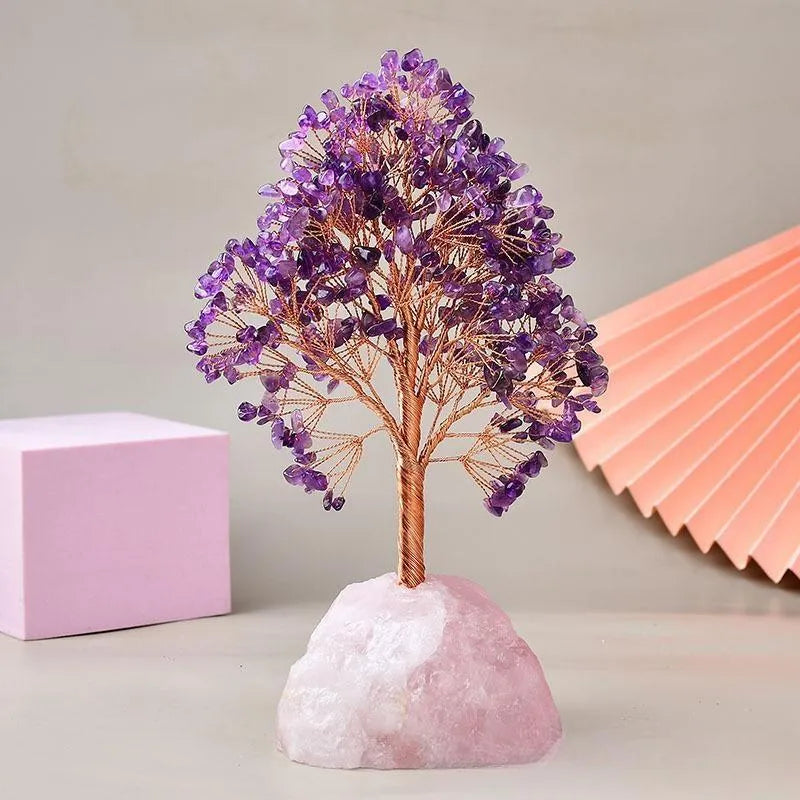 Joie de Vivre – Arbre de Vie en Améthyste avec Base en Quartz Rose