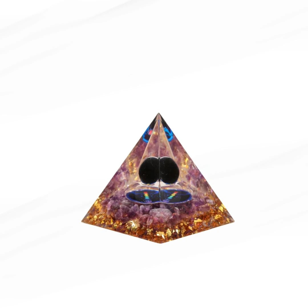 Harmonie et Sagesse - Pyramide Orgonite 7 Chakras en Améthyste et Obsidienne