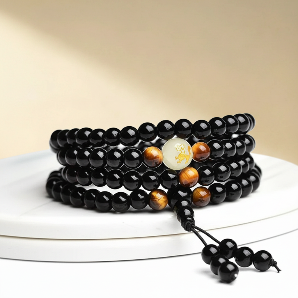 Bracelet Mala Obsidienne et Œil de tigre "Force Mentale"