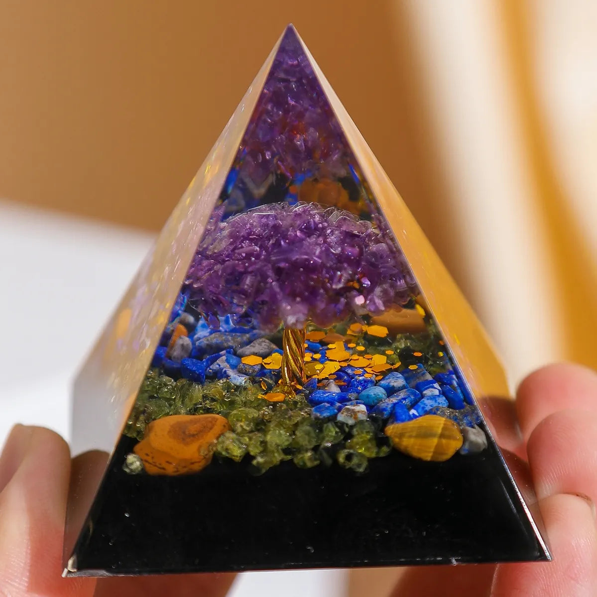 Sagesse et Protection - Pyramide Orgonite Arbre de Vie en Améthyste et Lapis Lazuli