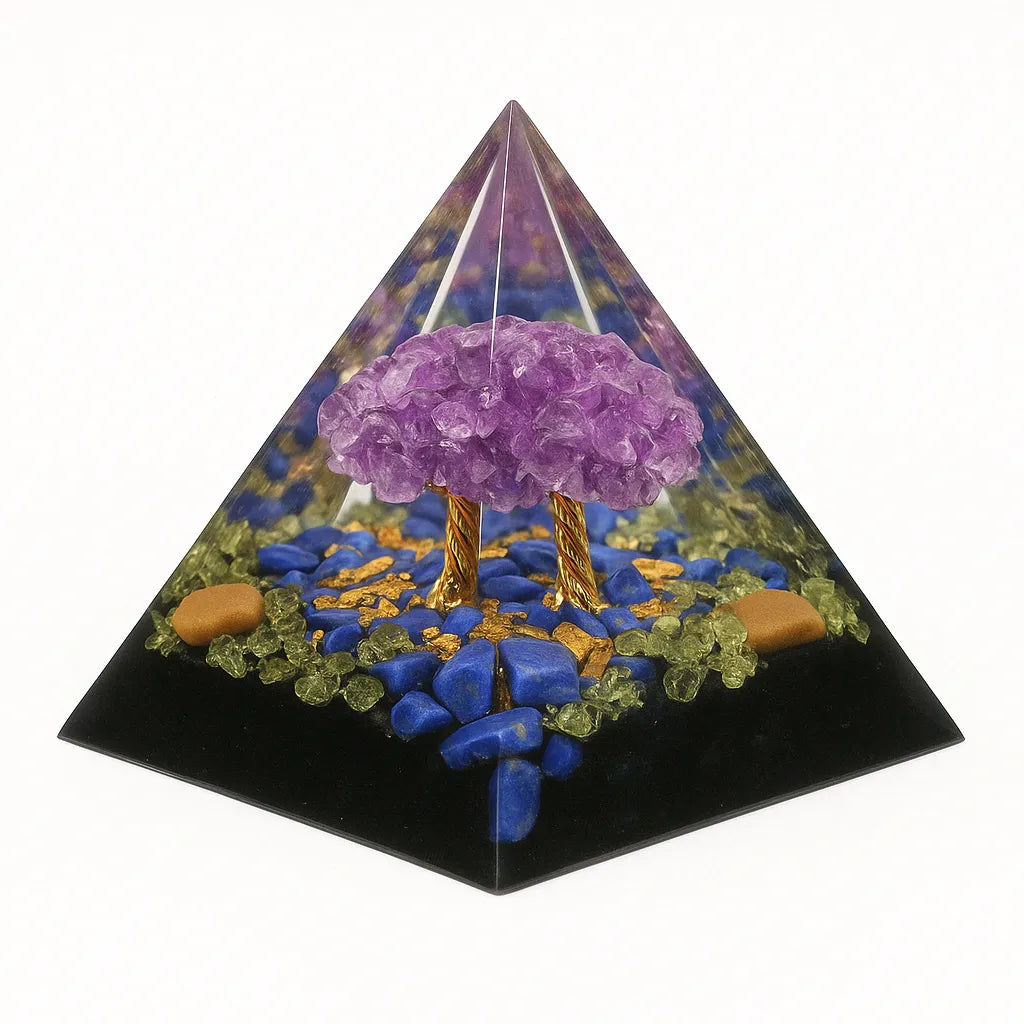 Sagesse et Protection - Pyramide Orgonite Arbre de Vie en Améthyste et Lapis Lazuli