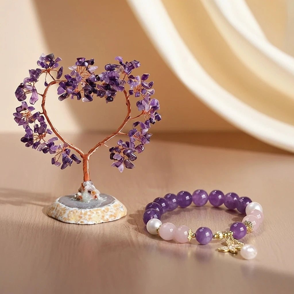 Coffret cadeau "Sérénité" comprenant un arbre de vie décoratif en améthyste et un bracelet assorti orné de perles d'améthyste, de quartz rose et de perles blanches.