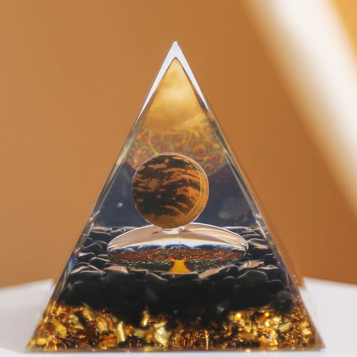 Stabilité - Pyramide Orgonite Arbre de Vie en Œil de Tigre et Obsidienne